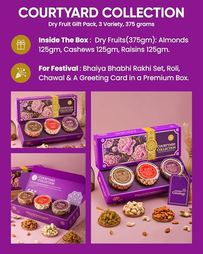 Image of Hyperfoods Bhaiya Bhabhi Rakhi Set Dry Fruits Gift Box 590gm RawFruit Courtyard Collection Pack of 3 Cashews, Almonds & Raisins (125 grams Each) Rakhi For Brother And Bhabhi DryFruits Gift Pack Dry Fruits Gift Hamper