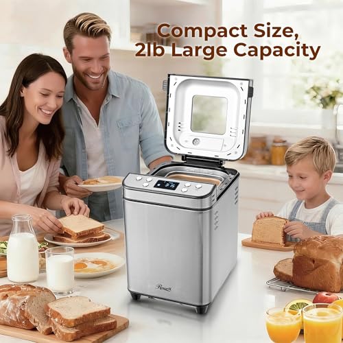 Image of Rosewill 25-in-1 Automatic Bread Maker Machine with 3 Loaf Size up to 2 Lb, 700W High Power Dual Heater Bread Maker with BPA-free Nonstick Coating Pan, Max 15 Hours Delay Timer, Low Noise - Silver