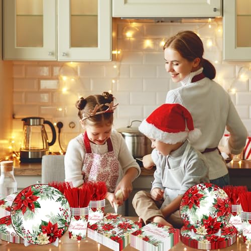 Christmas Paper Plates and Napkins,Disposable Poinsettia Paper Plates Cups Christmas paper Dinnerware for Xmas Holiday Party Supplies,Serves 24 – Image 3