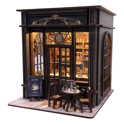 Coffee Shop Book Nook Kit DIY Miniature House Kit with Led Light for Adult and Teens 3D Wooden Puzzles Book Nook Tiny House Gifts for Family and Friends (with Assembly Manual)