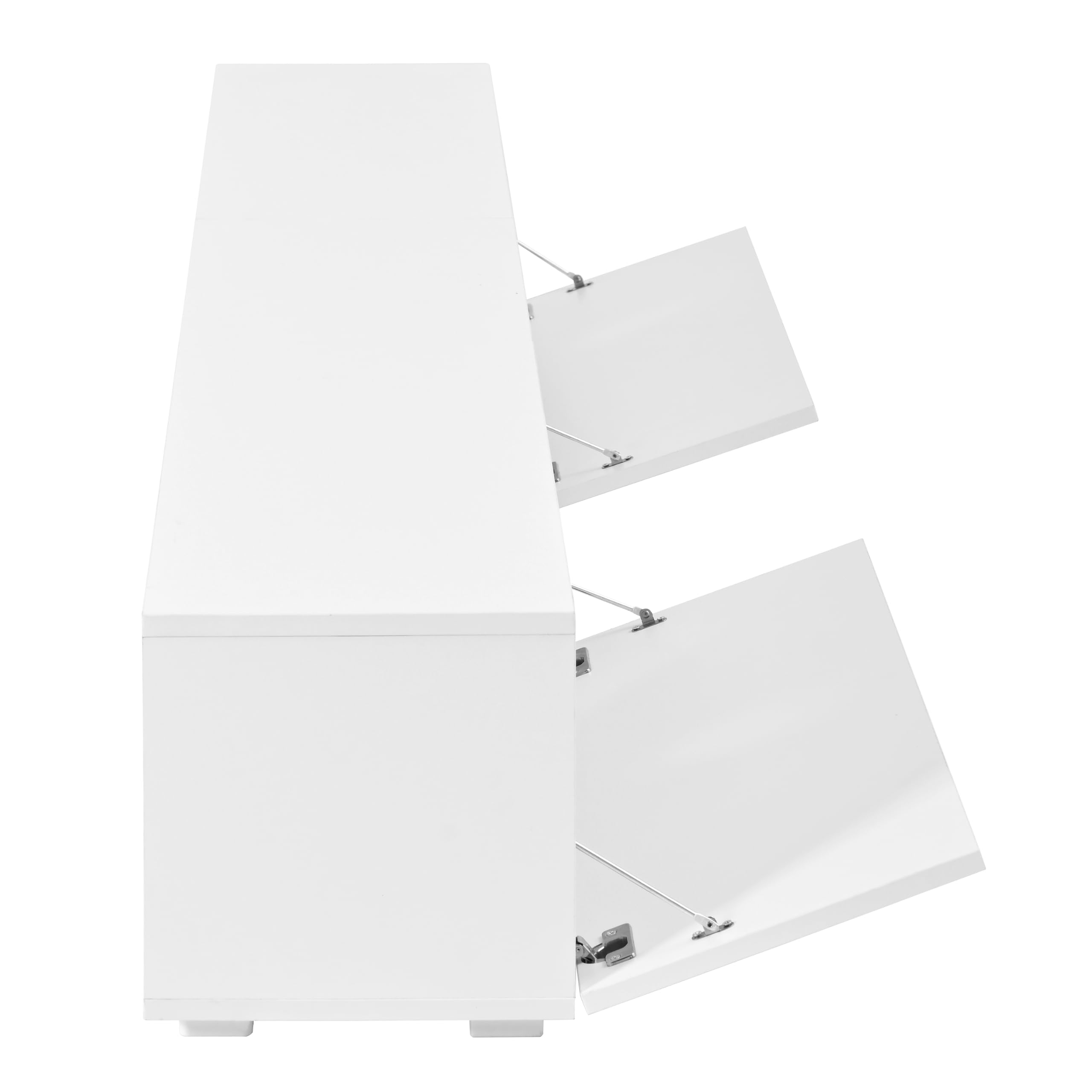 Meuble TV Blanc avec Portes Laquées Brillantes, Meuble TV LED avec Rangement et Étagère Transparente, Meuble Tele avec Éclairage LED, Support pour TV Jusqu’à 50 kg, 200x30x30 cm