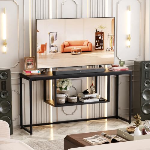 Image of Lukzer TV Unit Stand for TVs up to 43 Inch Engineered Wood with Metal (MTU-002 /Black & Black) Open Shelf Storage Console for Living Room, Set Top Box, WiFi Router, Speakers & Decor (110 x 56 x 30 cm)