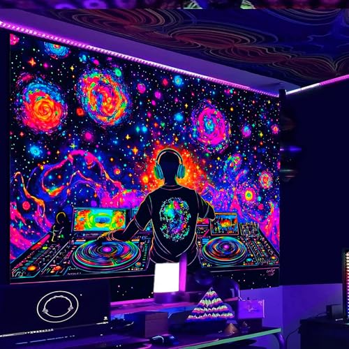 Image of Nuxovilar Galaxy DJ UV Reactive Tapestry, 78.74 inchx59.05 inch Polyester | Galaxy decor, DJ art, trippy tapestry, black light backdrop for bedroom, game room, party (Galaxy DJ print)