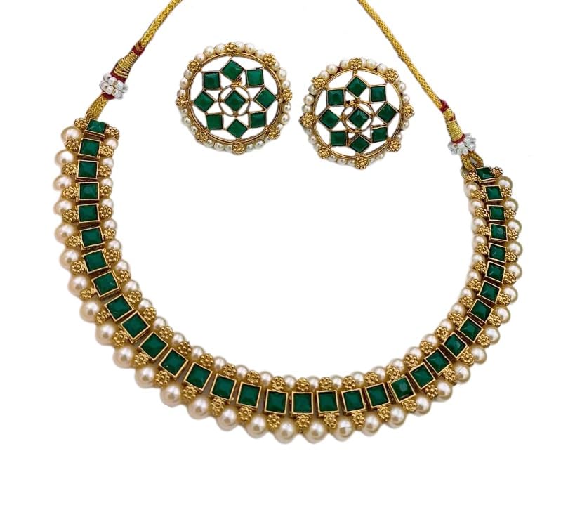 SAAVI COLLECTION Gold Plated Square Shape Kundan with Artificial Pearl Green Color Choker Traditional Necklace Jewellery Set for Womens and Girls (B0CPW2ZGXH) Amazon Price History, Amazon Price Tracker