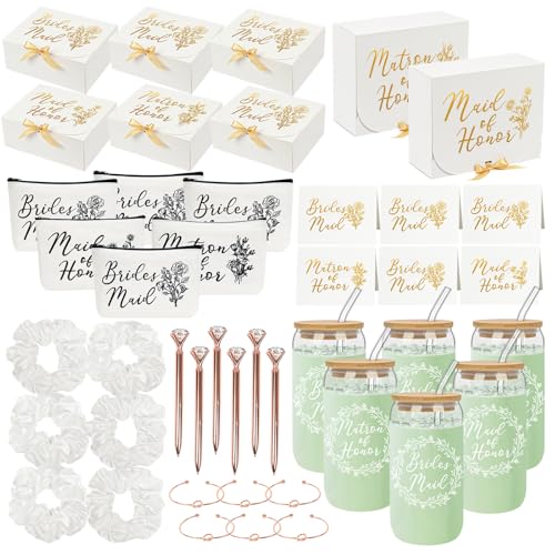 42Pack Bridesmaid Proposal Gifts,Maid of Honor Gifts Matron of Honor Gifts Including Bridesmaid Boxes,16oz Cups Makeup Bag Bracelets Diamond Pen Invitation Cards Scrunchies for Wedding (White)