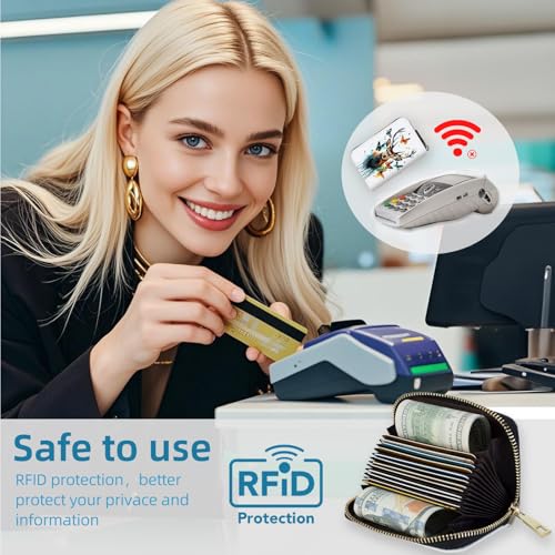 Small Credit Card Case Wallet for Women, RFID Blocking Mini Slim Leather Card Holder Wallet, Pocket Business Card Case with Zipper Card Holder, Watercolor Deer Moth 5