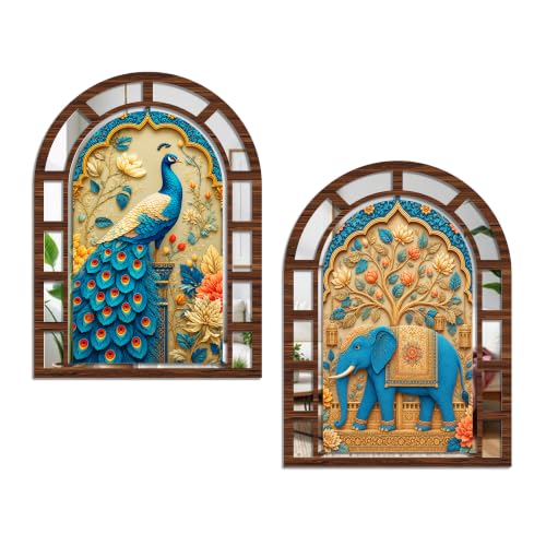 Image of Artvibes Peacock & Royal Elephant Theme Wall Art Decor | Decorative Wall Jharokha Mirror for Living Room, Hall, Bedroom, Foyer, Office & Dining Room | Gift for Mom & Dad (WH 12035N), Set of 2