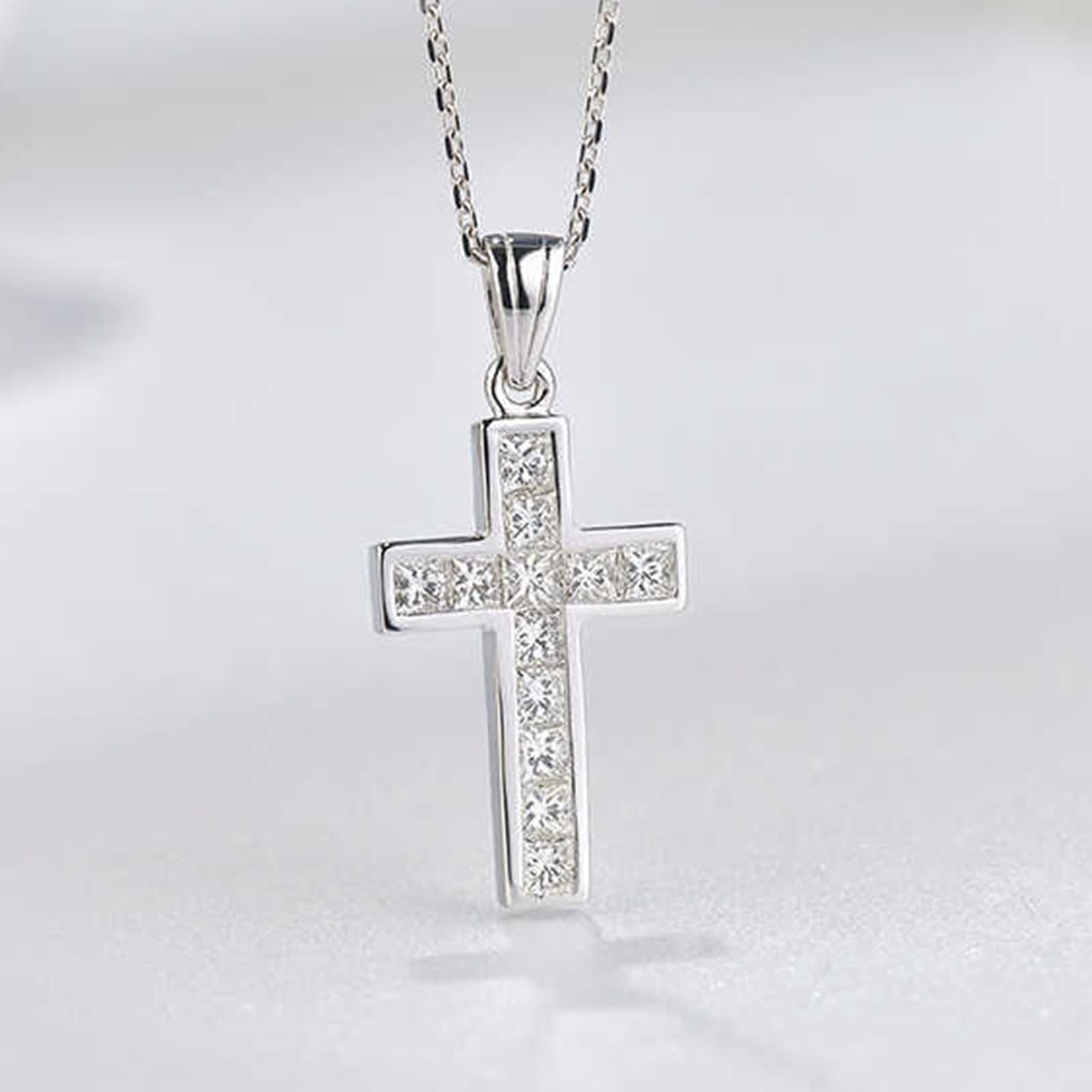 Collana lunga da donna con ciondolo a forma di croce, in oro bianco 9 K/14 K/18 carati