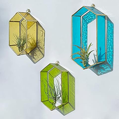 Jajamy Stained Glass Wall Planter Succulent Terrarium, 3 Packs Geometric Hexagon Hanging Air Plant Wall Mount Holder Vertical Floating Glass Planter for Minimalist Modern Decor Hanger Cover