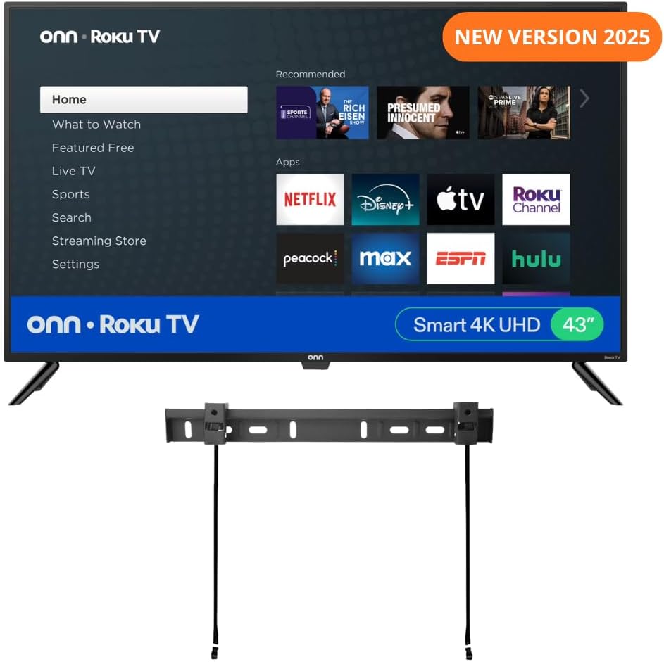 ONN Smart TV LED 4K de 43 pulgadas + soporte de pared gratuito con conectividad Wi-Fi y aplicación móvil  TV de pantalla plana  Compatible con Apple