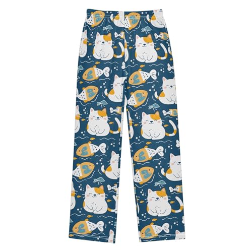 Cute Cat with Fish Pajamas Bottoms with Pockets Comfy Pjs Sleepwear Elastic Waistband Pajamas Pants Lounge Pants for 6-14 Years