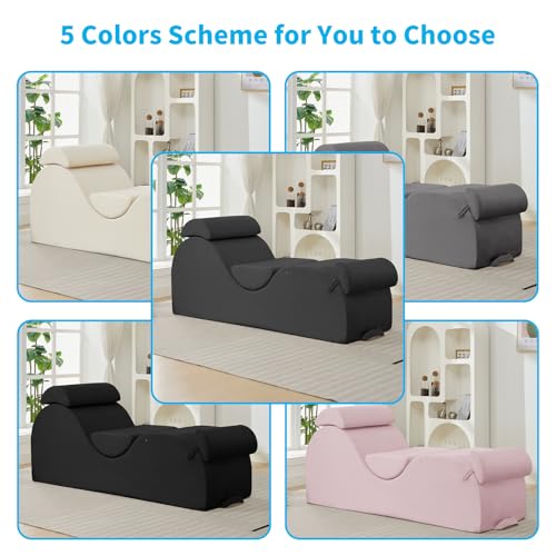 Mjkone Yoga Chair for Adult, Velvet Yoga Chaise with Headrest, Waist Cushion, Movable Footrest, Side Pockets, Curved Chaise Lounge Chair Indoor for Relaxation Stretching - Dark Grey - Thumbnail 5