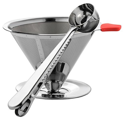 Wicked Java Joe 2 Cup Pour Over Coffee Dripper Makes Amazing Barista Quality Brew. Paperless, Reusable High Grade Stainless Steel Coffee Filter w/Bonus Coffee Scoop (Red)