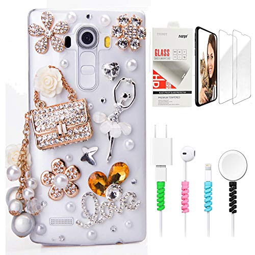 STENES Bling Case Compatible with LG Stylo 5 / Stylo 5V / Stylo 5 Plus - Stylish - 3D Handmade Sparkle Ballet Girl Bag Pearl Pendant Flowers Love Cover with Screen Protector & Cable Protector - Clear