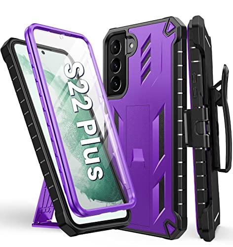 for Samsung Galaxy S22-Plus Case: ShockProof Durable S22+ Cell Phone Cover with Built-in Kickstand | TPU Bumper Textured | Full-Body Protective Rugged Belt-Clip Holster Designed Purple