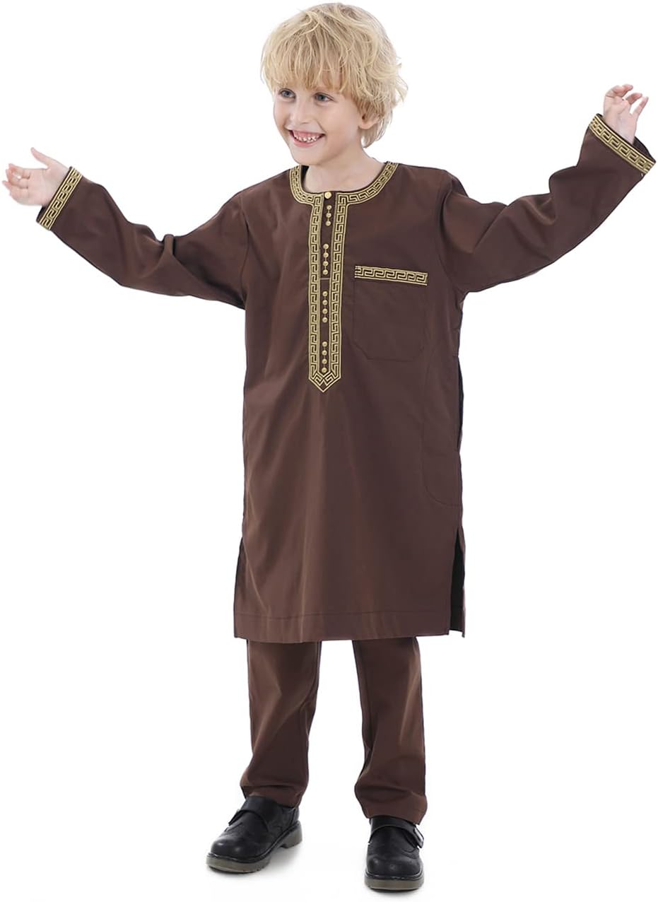 Boy's Muslim Clothing Kaftan Set - Middle East Youth Embroidered Robe Suit Round Neck Islamic Dress Arabic Wear