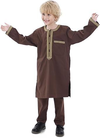 Boy's Muslim Clothing Kaftan Set - Middle East Youth Embroidered Robe Suit Round Neck Islamic Dress Arabic Wear