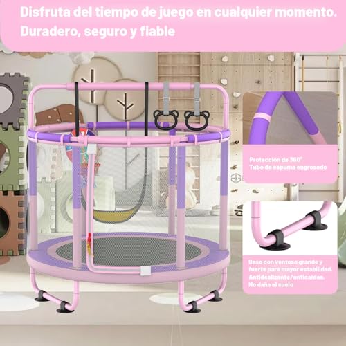 Cama elástica para niños exterior e interior con red y accesorios rosa 3