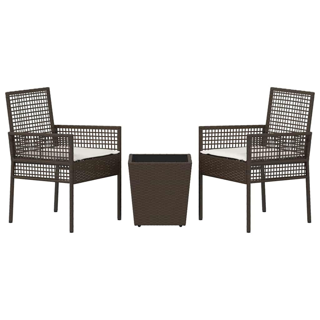 Set da bistrò in polyrattan, 3 pezzi, marrone, con piano in vetro di sicurezza e braccioli, per giardino, terrazza o patio