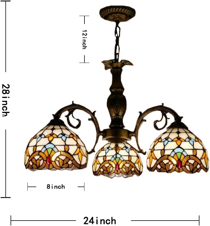 Tiffany Style Chandeliers Vintage Baroque 3 Heads Stained Glass 8 Inch Shade Ceiling Hanging Light Fixtures Pendant Lamp for Bedroom Living Room