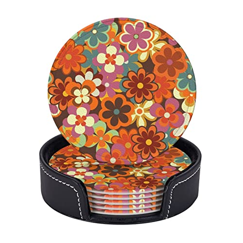 Retro 70er Jahre Bunte Blumen-Untersetzer für Getränke mit Halter, 6 Stück, runde Tassen, Tischsets, Zuhause, Auto, Büro, Dekor, Tischuntersetzer
