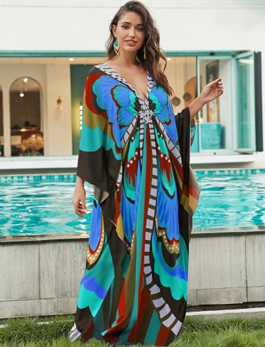 Image of KECVOT Kaftan Dresses for Women Plus Size Batwing Sleeve Caftans Long Bathing Suit Cover Up Maxi Beach Dress Loungewear