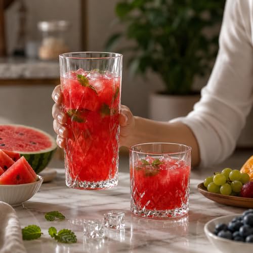 Image of bellemax 320ML & 210ML Checks and Leaf Design Water & Juice Glasses | Premium Drinking Glasses Combo for Home, Kitchen, Dining, Parties & Restaurants | Glass Tumbler Set Set of 12