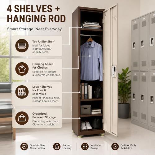 Image of Amazon Brand - Solimo Single Door Steel Locker Cabinet with 4 Shelves & Hanging Rod | Lockable Metal Storage Cupboard for Home, Office, Gym, School & Factory | Powder Coated, Brown
