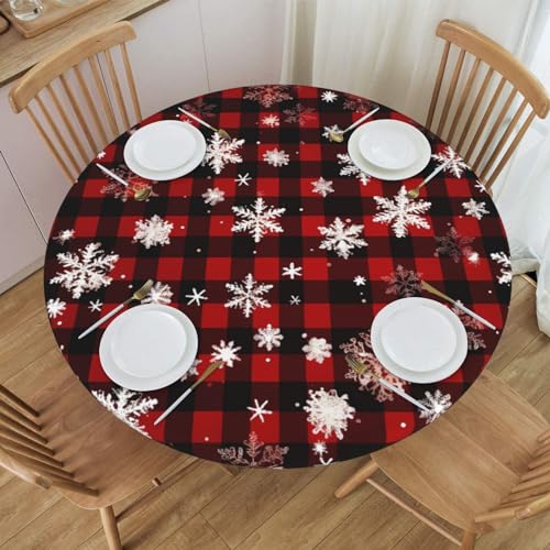 XYFCS Round Fitted Tablecloth Winter Snowflake Buffalo Plaid Xmas Table Cloth with Elastic Edged Waterproof Wipeable Round Table Cover for Patio Parties Outdoor Decor, 40