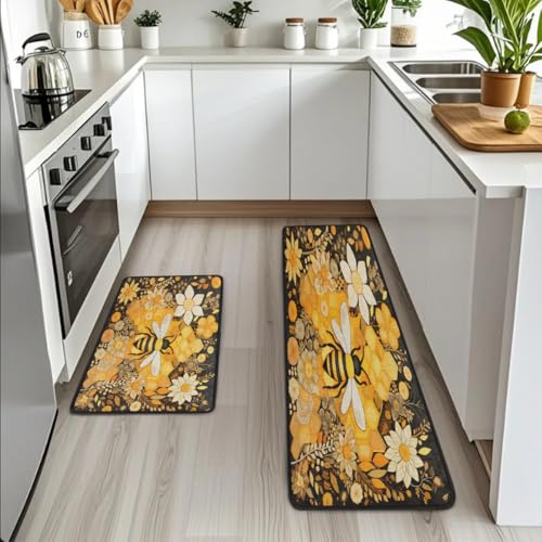 Tapis de cuisine pour évier et linge fleurs jaune vintage - 3