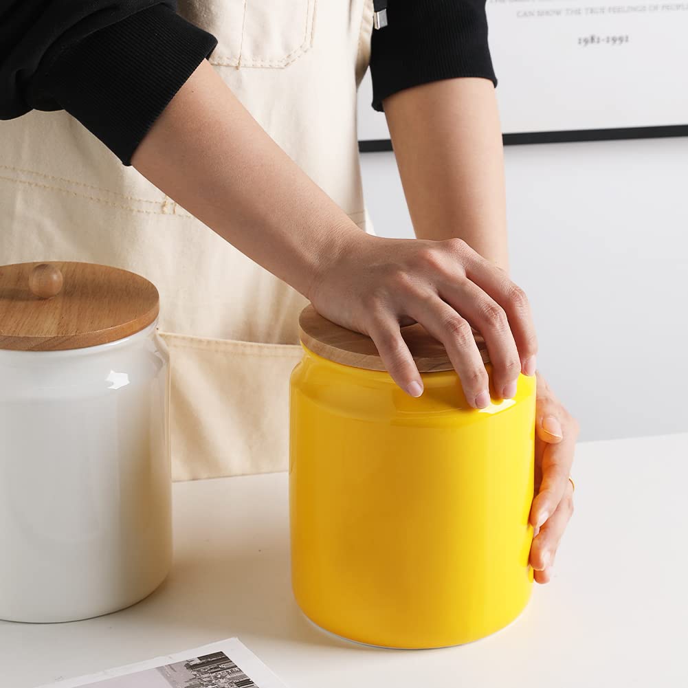 SWEEJAR Keramik-Küchenbehälter, 58 FLOZ Porzellan-Lebensmittel-Vorratsglas mit luftdichtem Verschluss, Holzdeckel, Behälter für Zuhause, für Kaffeebohnen, Salz und mehr, Werkzeugeimer (gelb)