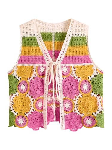 Image of Verdusa Women's Boho Floral Crochet Sweater Vest Tie Front Knitted Sleeveless Cardigan