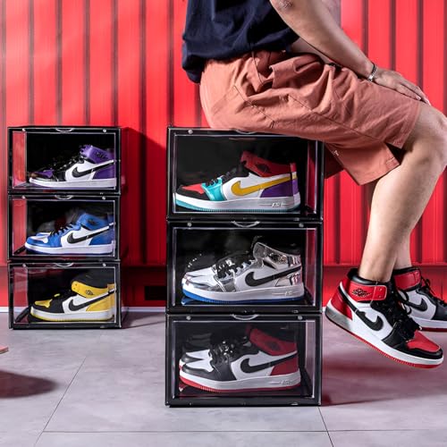 Image of NYALKARAN Shoe Storage Organizer Box for Sneakers - Transparent, Heavy Duty, Stackable with Magnetic Door - Large Plastic Shoe Box for Men & Women, Multipurpose Storage (Black, PACK OF 5)