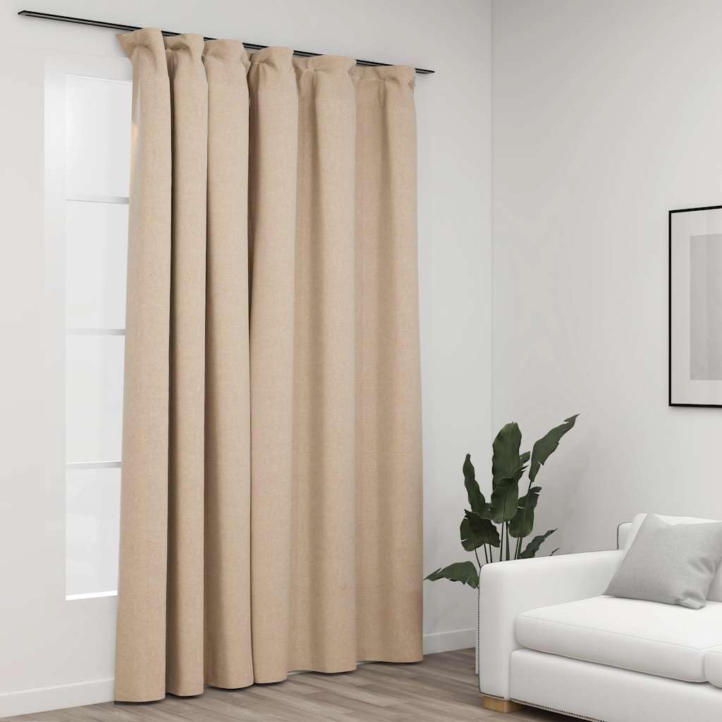 Lniana zasłona zaciemniająca z haczykami 290 x 245 cm beżowa | 100% poliester, można prać w pralce, prywatność, salon i sypialnia, karnisz nie jest dołączony