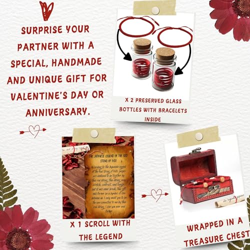 Red string of fate bracelet for couples. Sweet romance. 2 Bracelets inside 2 preserved glass jars with legend of the red thread of love inside an antique treasure chest3