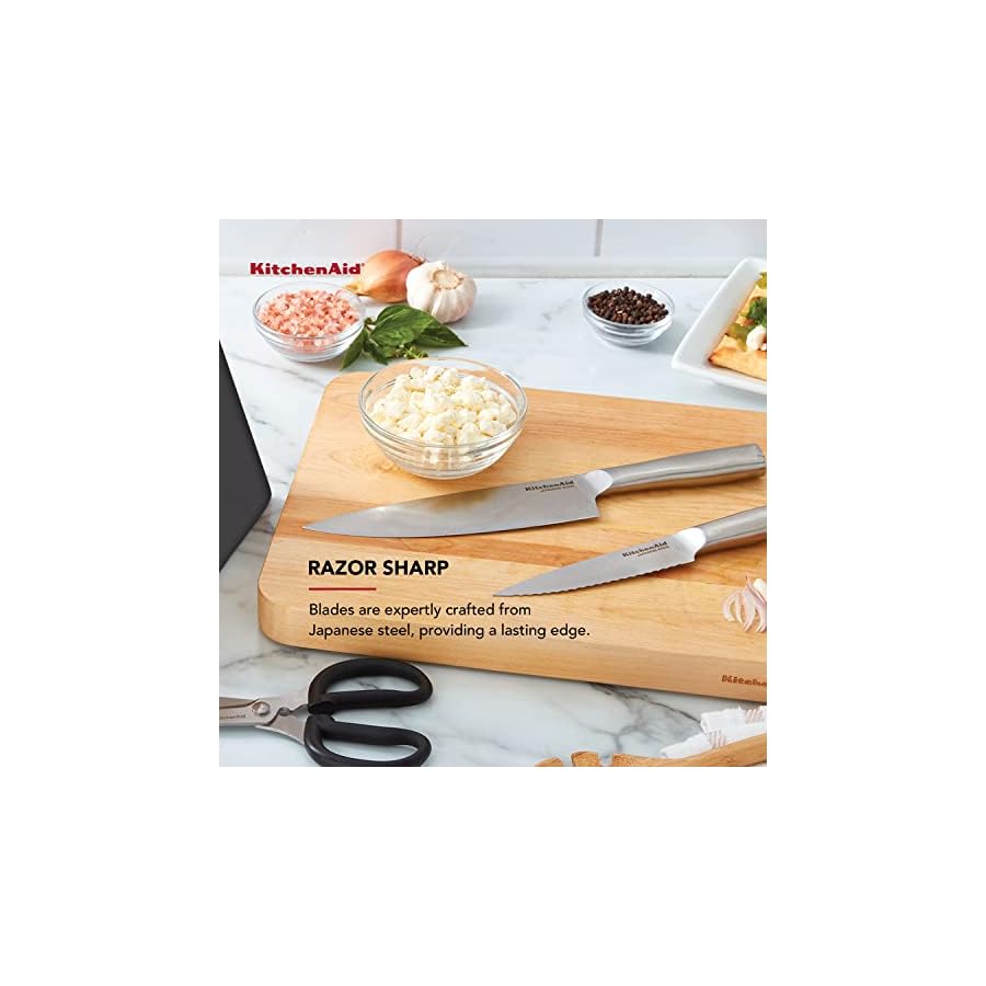 KitchenAid Gourmet Forged Stainless Steel Knife Block Set with Built-in Knife Sharpener, High-Carbon Japanese Stainless Steel Kitchen Knives, Sharp Kitchen Knife Set with Block, 14 Piece, Black