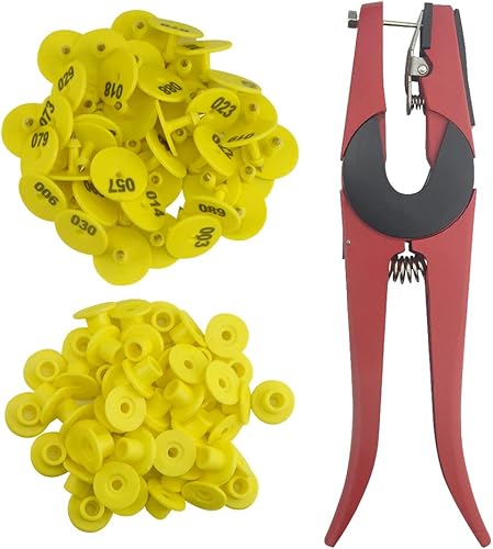 WMYCONGCONG 100 juegos de etiquetas de identificación para ganado, forma redonda, 1-100, numeradas con 1 aplicador de alicates para cabras, ovejas,