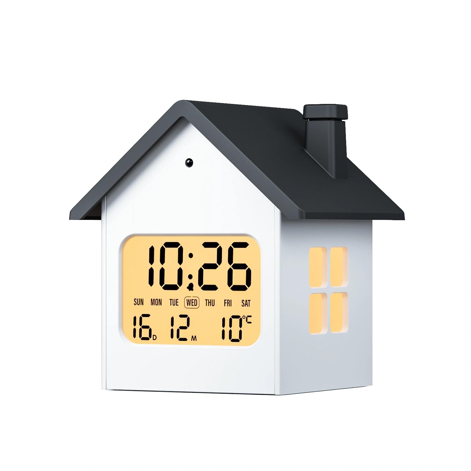 Réveil, Réveil Numérique en Forme de Maison, Affichage Température et Date, Fonction Snooze, Piles et Secteur, Piles Incluses, Noir