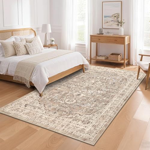 Pauwer Boho Washable Area Rug 4x6 Soft Living Room Bedroom Floor Carpet Mat Indoor Farmhouse Vintage Non Slip Accent Throw Rugs for Entryway Kitchen Dorm Dining Room