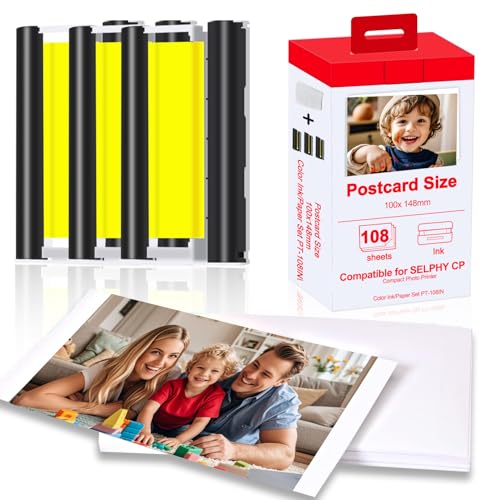 SELPHY CP1500 CP1300 Ink and Paper Compatible with Canon Selphy KP-108IN and Paper Set(4 x 6 inch 108 Sheets + 3 Color ink Cartridges) for Canon CP1500 CP1200 CP1300 Photo Printer