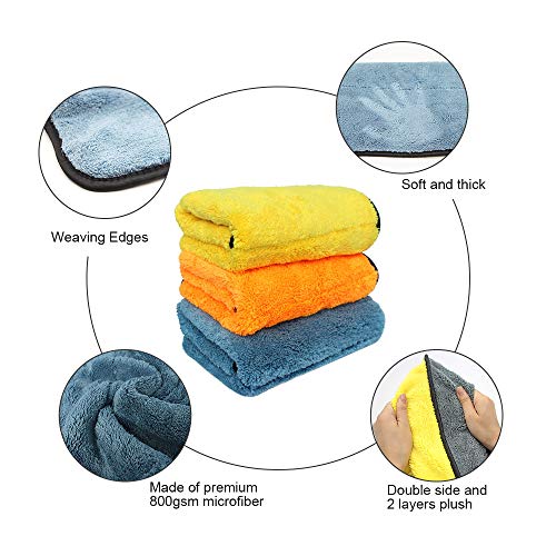Auto Care 920GSM Super Thick Microfiber Car Cleaning Cloth Detailing Towel 15'' x 17.7'' (Blue/Gray-3PCS)