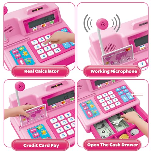 BAODLON Calculator Cash Register - 103 Pcs Pink Toy Cash Register, Microphone, Credit Card and Banking for Kids, Early Math Skills Toys Gifts for 3, 4, 5, 6 7 8+ Years Old Boys Girls