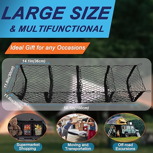 Holnunet Cargo Net for Pickup Truck Bed- 59 ×11.8 inch Adjustable Elastic Mesh Cargo Net, Car Rear Storage Organizer with 4 Carabiners Accessories, Heavy Duty Cargo Net for Pickup, Truck, SUV