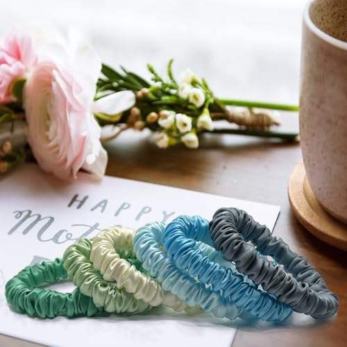 Image of VLOMOT 6 Pcs Set 100% Pure Mulberry Silk Scrunchies Hair Ties with 6 Chic Colors Everyday Skinny Scrunchies Silk Ponytail Holders Hair Care No Damage (Mint)