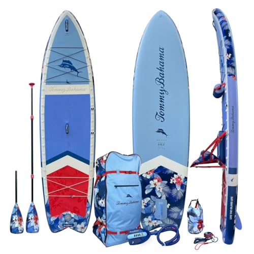 Tommy Bahama Marlin 11’6” 2-in-1 Inflatable Paddle Board/Kayak Package, Includes: Electric Pump, 4-Piece Paddle & Travel Bag (Multi)