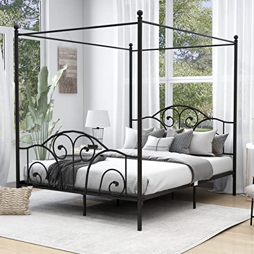 Metal Four Post Canopy Bed Frame Queen Size with Headboard and Footboard,Black