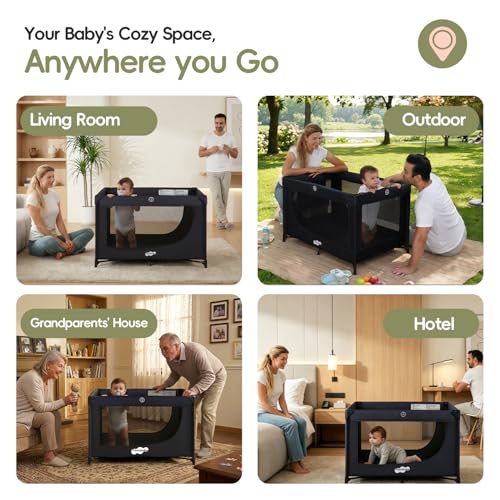 Image of Pamo Babe Compact Pack and Play - Portable Crib for Baby, Lightweight Foldable Travel Playard with Mattress Pad & Carry Bag, Safe Breathable Travel Bed for Home, Trips & Family Visits, Black
