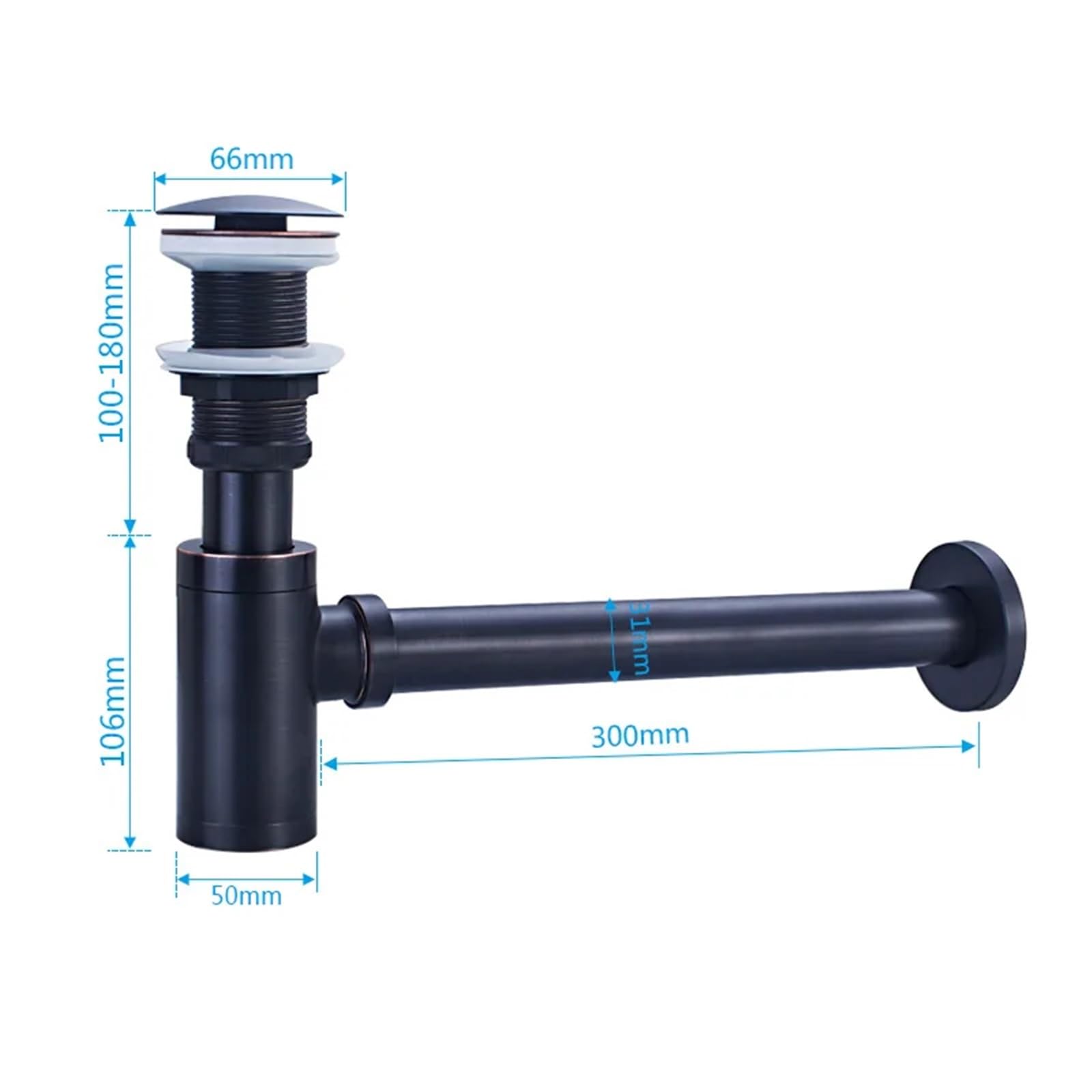 Desague lavabo Trampa for botellas de lavabo, desagües sifón for fregadero baño latón con desagüe emergente, residuos tubería P-TRAP negro(Without overflow)
