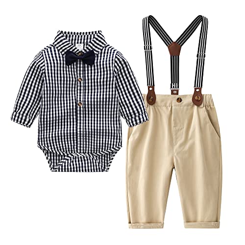 Image of Baby Boys Gentleman Outfits Suits, Infant Shirt+Pants+Bow Tie+Suspender Clothes Set,3-6M
