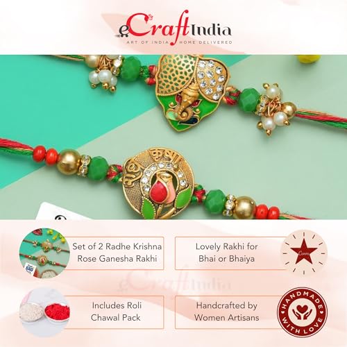 Image of eCraftIndia Radhe Krishna Rose Ganesha Rakhi Set of 2 | Rakhi for Brother Bhaiya Bhai with Best Bro Ever Fridge Magnet | Roli Chawal Pack